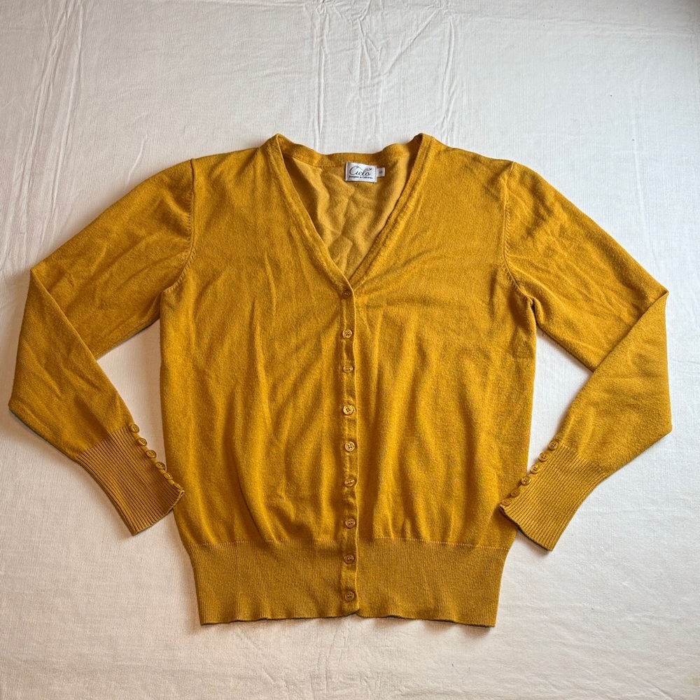 Cielo Women's Golden Mustard V-Neck Cardigan Button Details Size S
